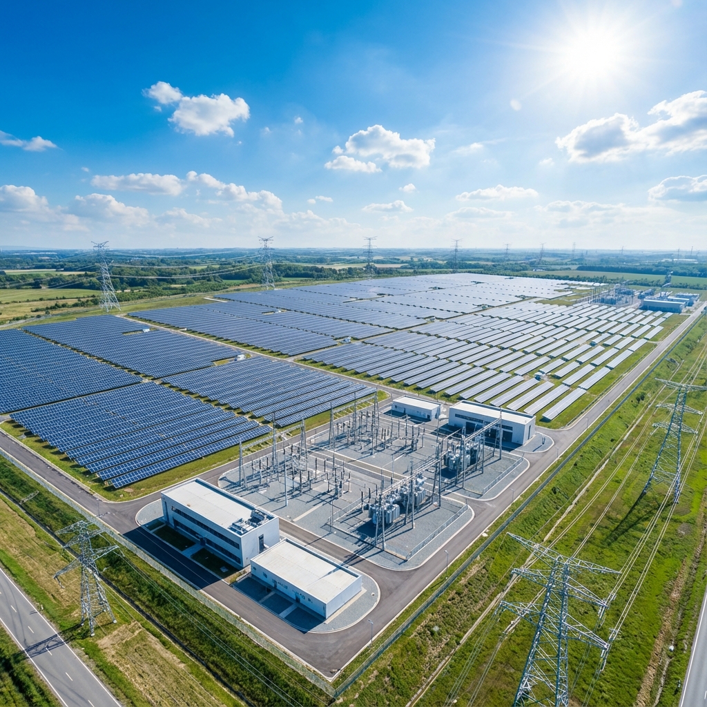 Modern utility infrastructure with solar panels and substations